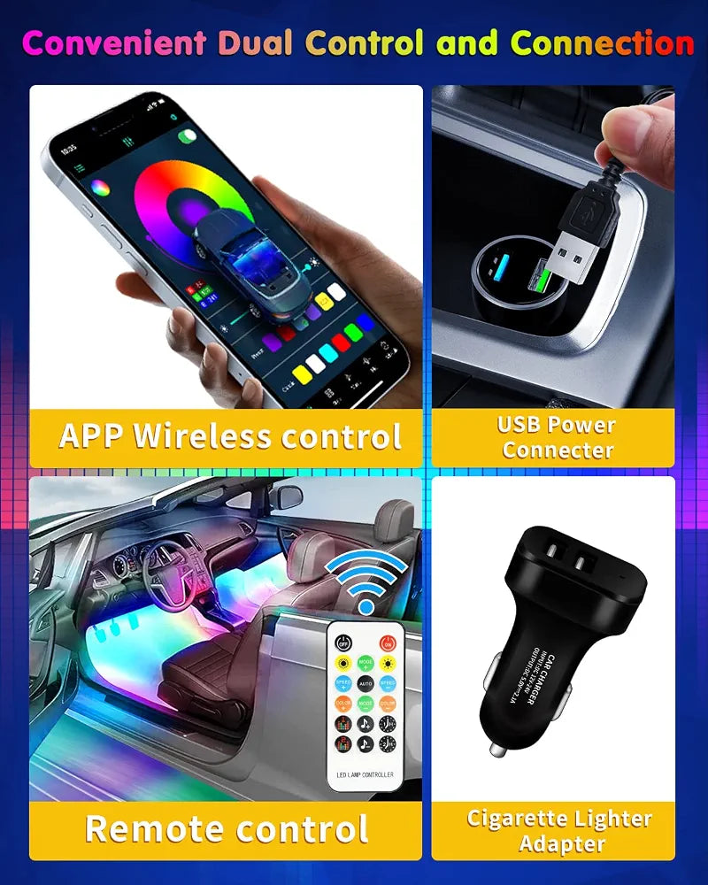 RGB 72 LED Interior Car Strip Lights with Smart APP Control, 2 Lines Design