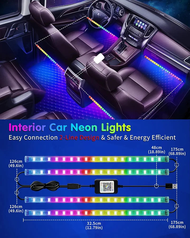 RGB 72 LED Interior Car Strip Lights with Smart APP Control, 2 Lines Design