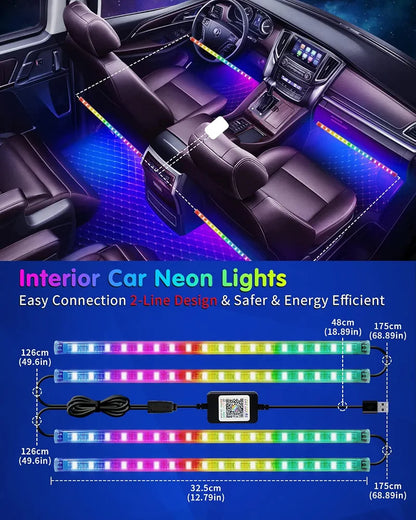 RGB 72 LED Interior Car Strip Lights with Smart APP Control, 2 Lines Design